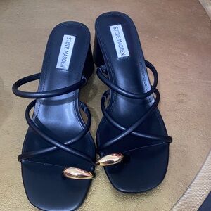 Steve Madden Black Toe Ring Block Heel Sandals‎ Slides Women Size 10